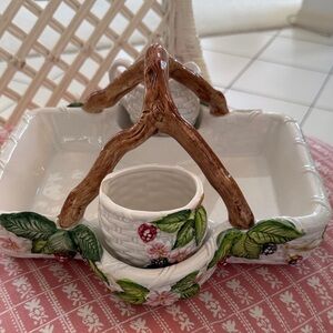 Hand-Painted Floral Ceramic Serving Basket with Wooden-Style Handle
